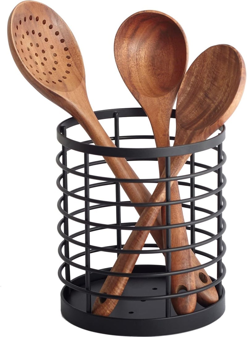 WDT Tool Utensil holder for Kitchen Counter - 5.2" x 5.2" x 6" Large Round Utensils Holder with Wooden Base Matte Black Cooking Utensil Holder，Kitchen countertop Utensil Organizer (Metal) - Image 1
